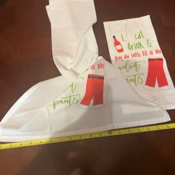 Lets Eat Drink & Pray Our Butts Fit Our Pants Christmas Kitchen Towel set of 2 - Picture 3 of 6